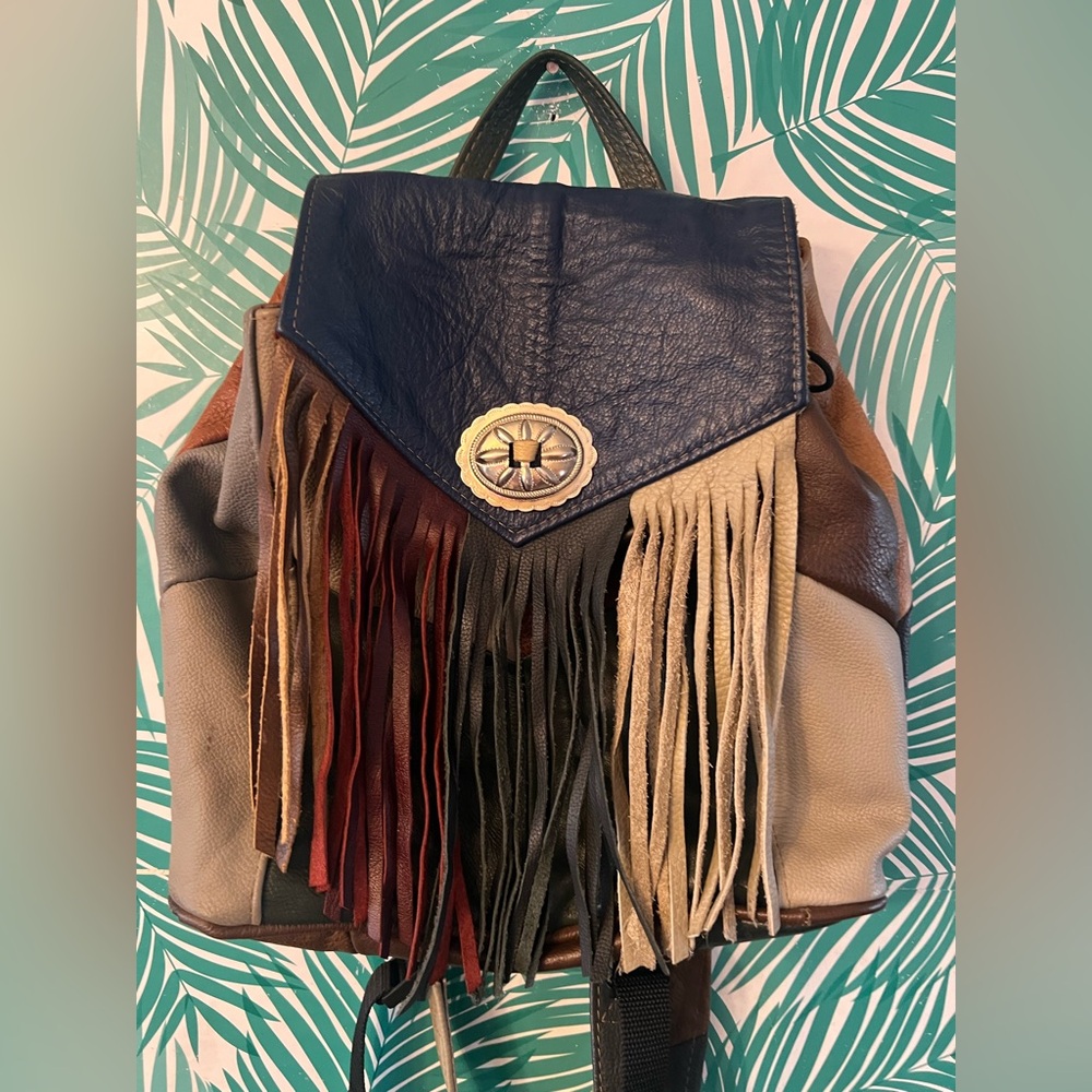 Western Leather Patchwork Backpack Fringe Detail … - image 1